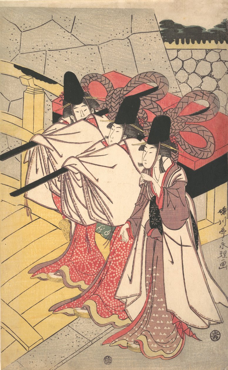 Prinssi Genji palaa palatsiinsa, jossa hänen vaimonsa odottaa häntä, n. 1797, n. 1797. tekijältä Rekisentei Eiri