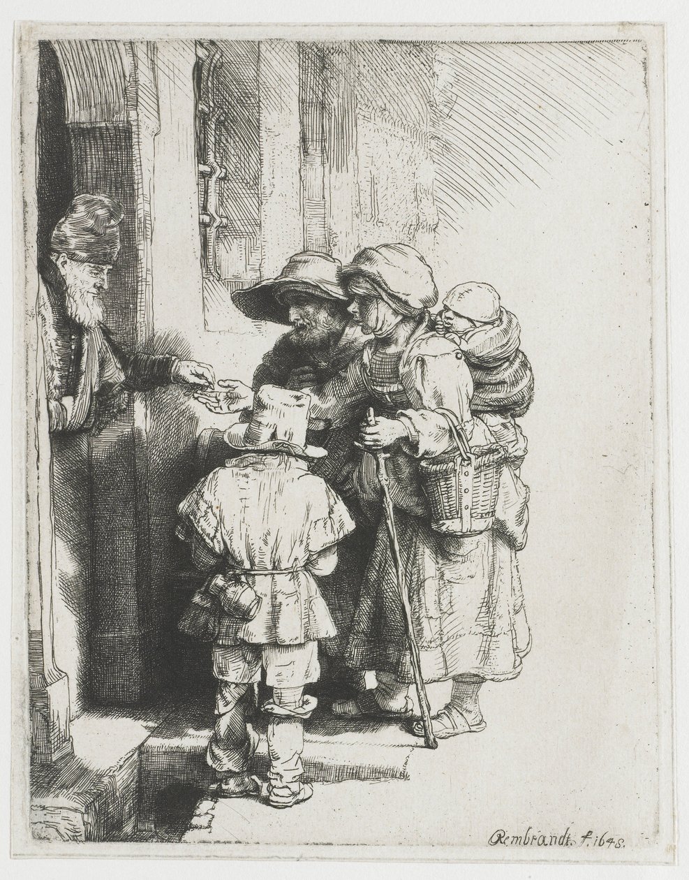 Sokea ja tukeva pelaaja ja perhe vastaanottaa almuja tekijältä Rembrandt van Rijn