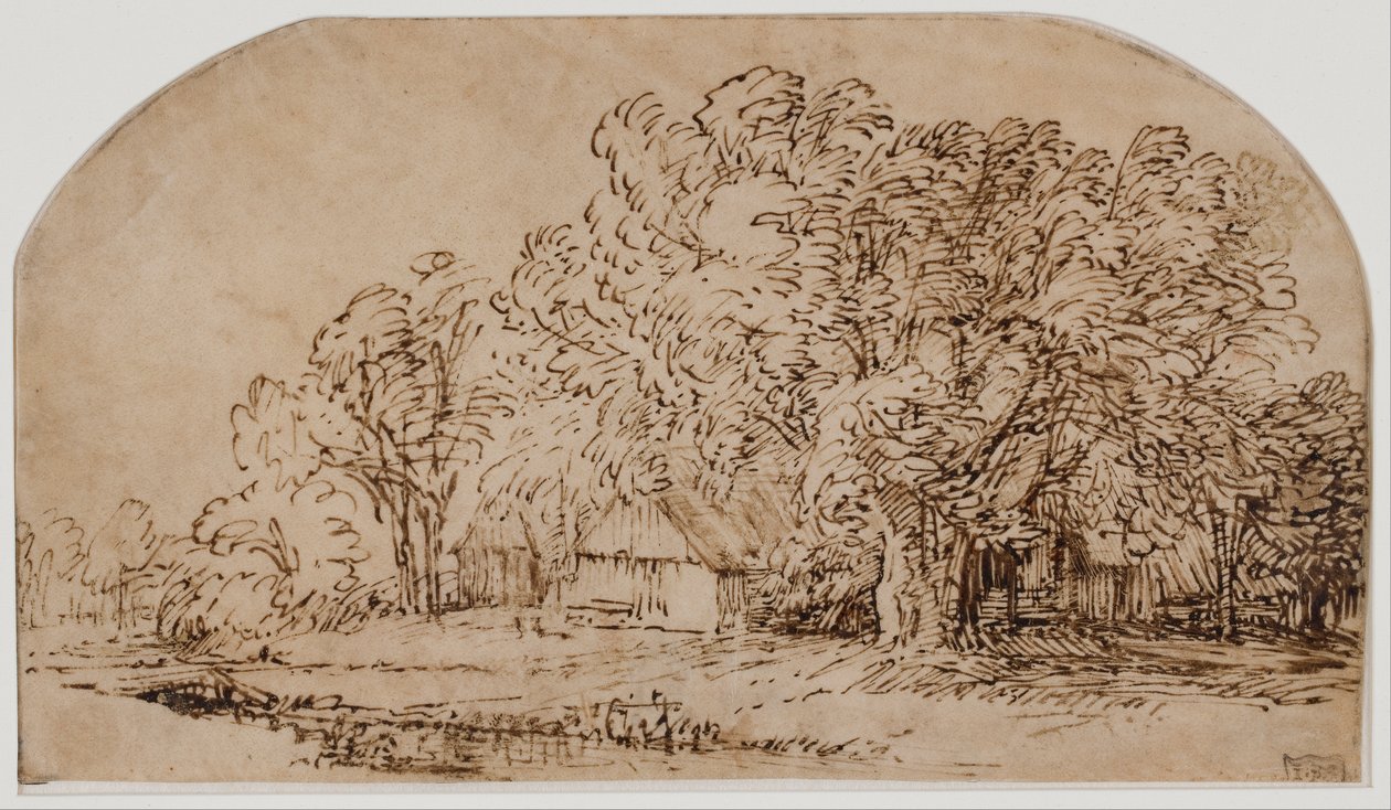 Maisema mökkien kanssa korkeiden puiden alla tekijältä Rembrandt van Rijn
