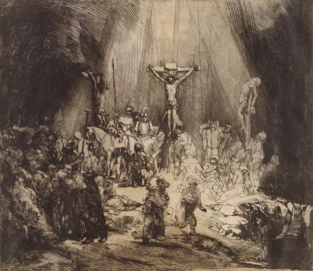 Kristus ristiinnaulittu kahden varkaan väliin: Kolme ristiä, 1653 tekijältä Rembrandt van Rijn