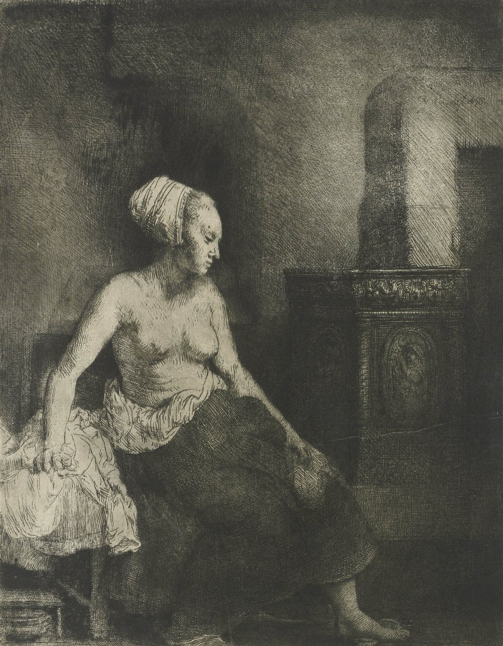 Puolialaston nainen lieden ääressä, 1658 tekijältä Rembrandt van Rijn