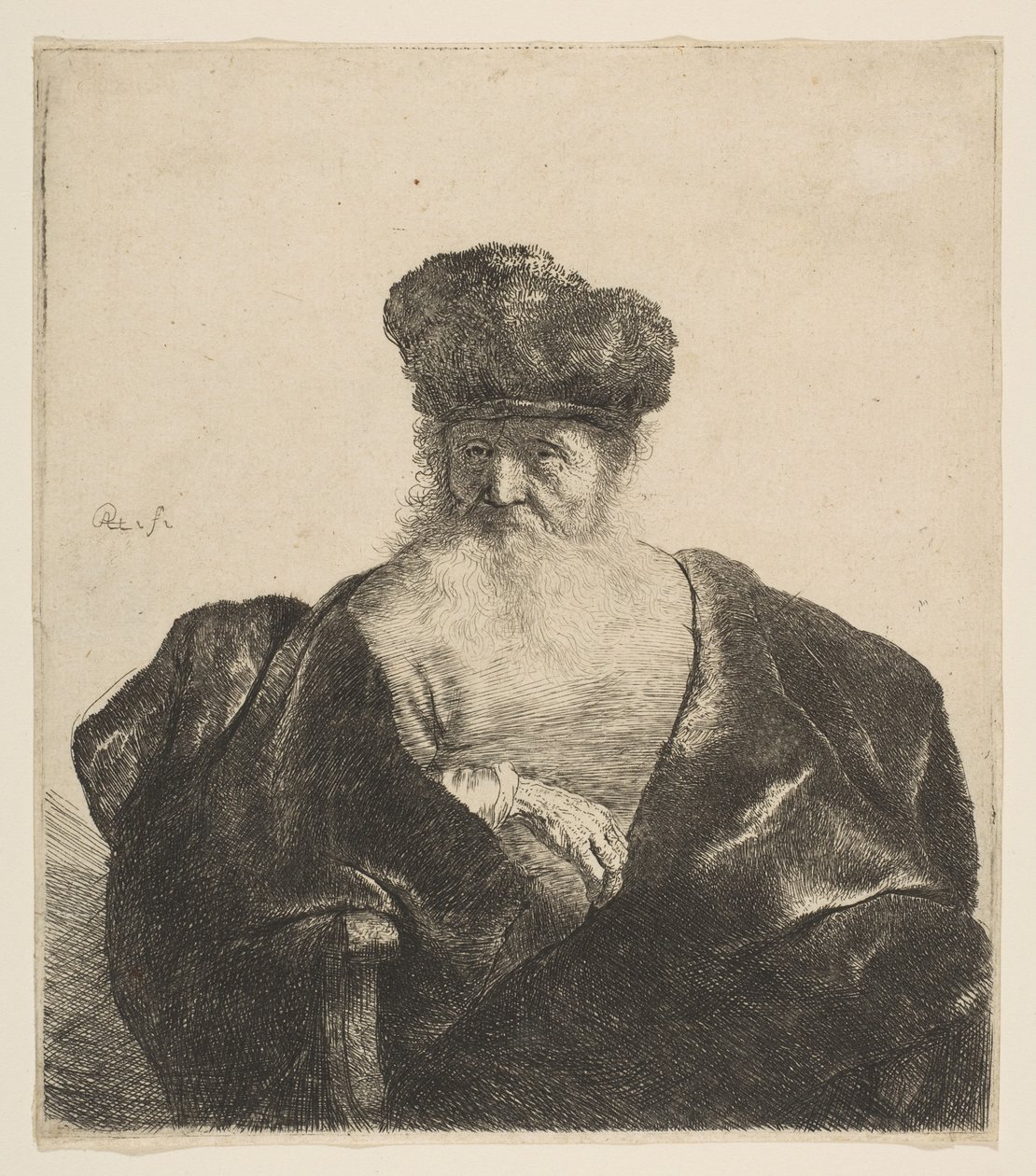 Vanha mies, jolla on parta, turkislakka ja samettiviitta, n. 1631 tekijältä Rembrandt van Rijn