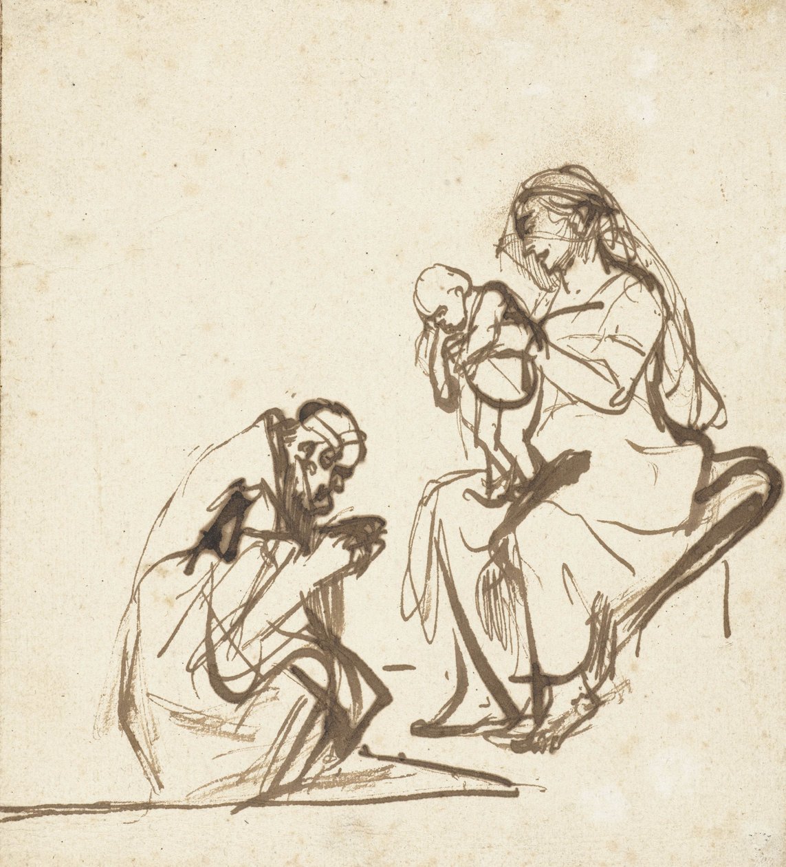 Yksi kolmesta kuninkaasta, joka palvoo Neitsyttä ja lasta, n. 1635-1640 tekijältä Rembrandt van Rijn