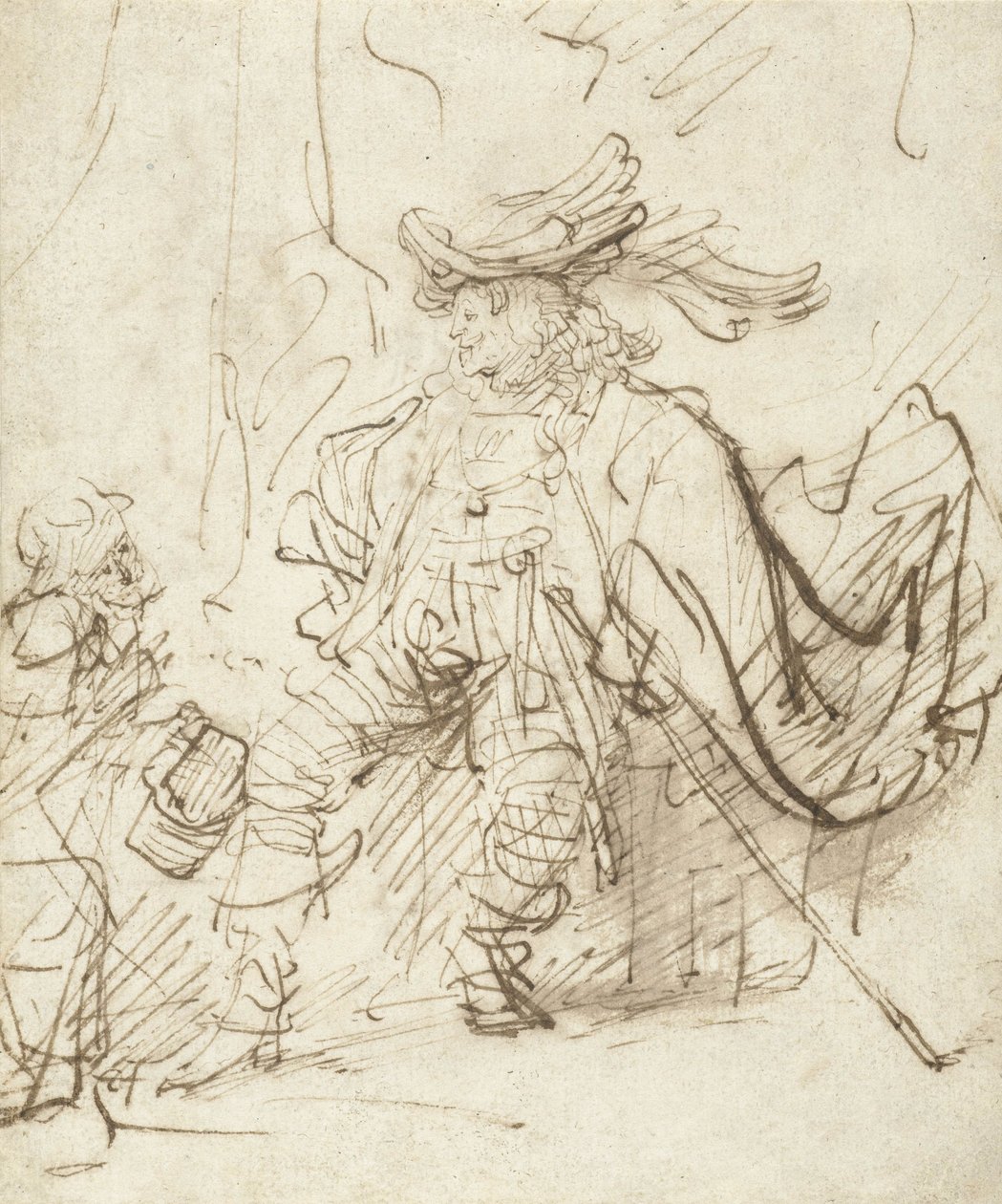 Istuva näyttelijä Capitanon roolissa, n. 1634-36 tekijältä Rembrandt van Rijn