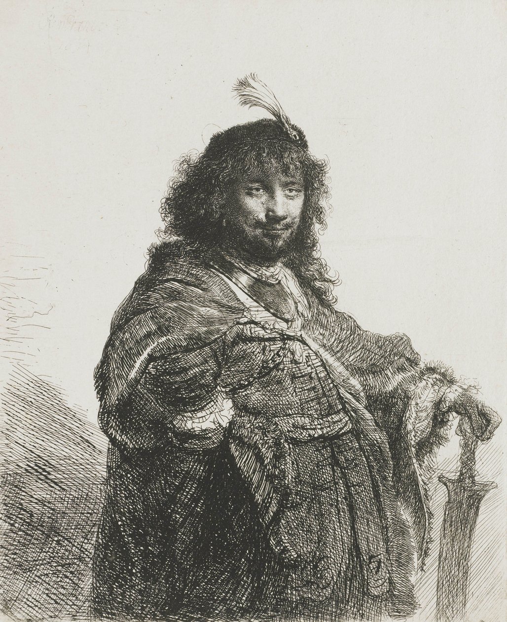 Omakuva(?), jossa on pehmustettu baretti, käsi nojaten miekkaan, 1634 tekijältä Rembrandt van Rijn