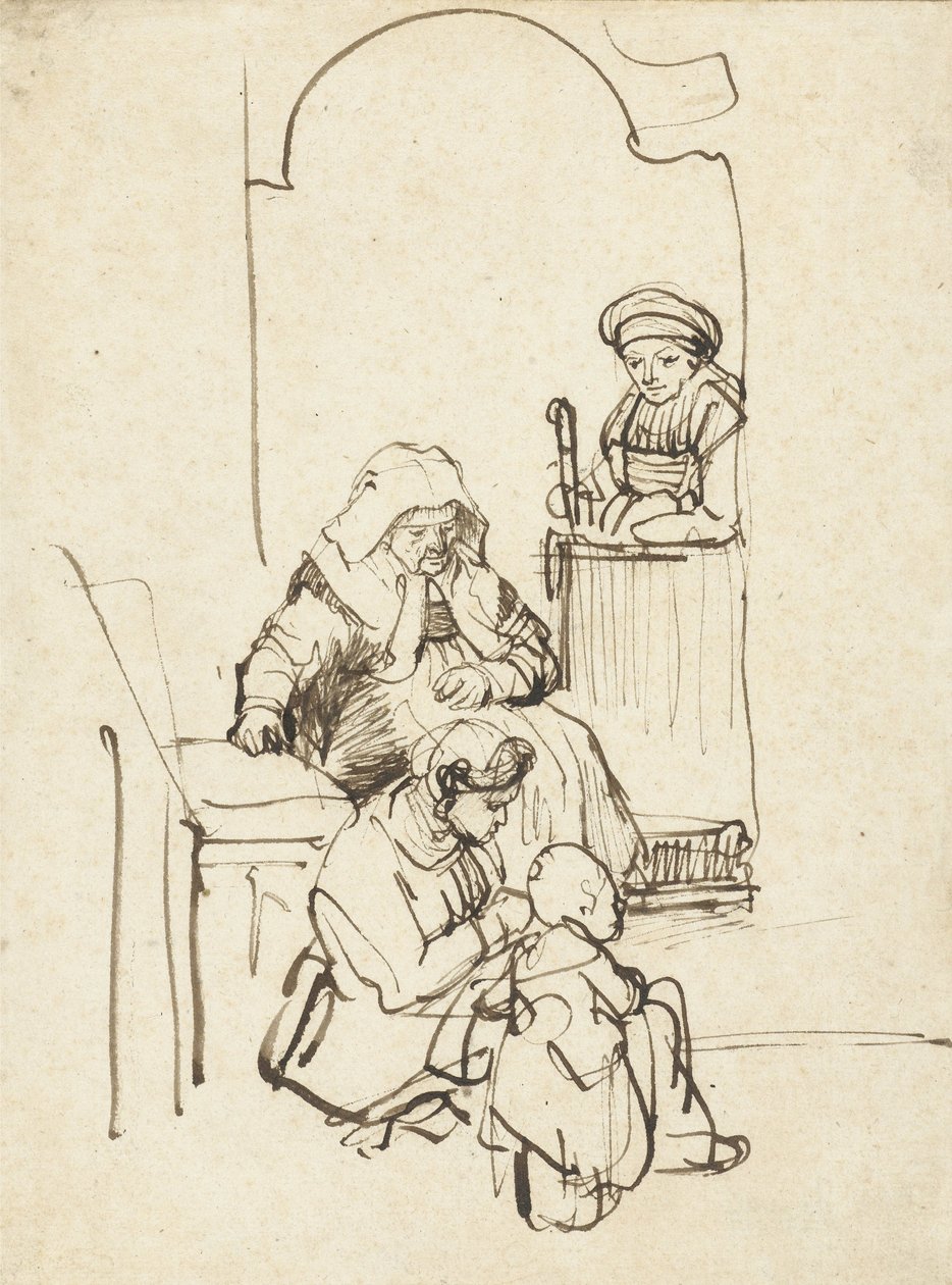 Kolme naista ja lapsi ovella, n. 1645 tekijältä Rembrandt van Rijn