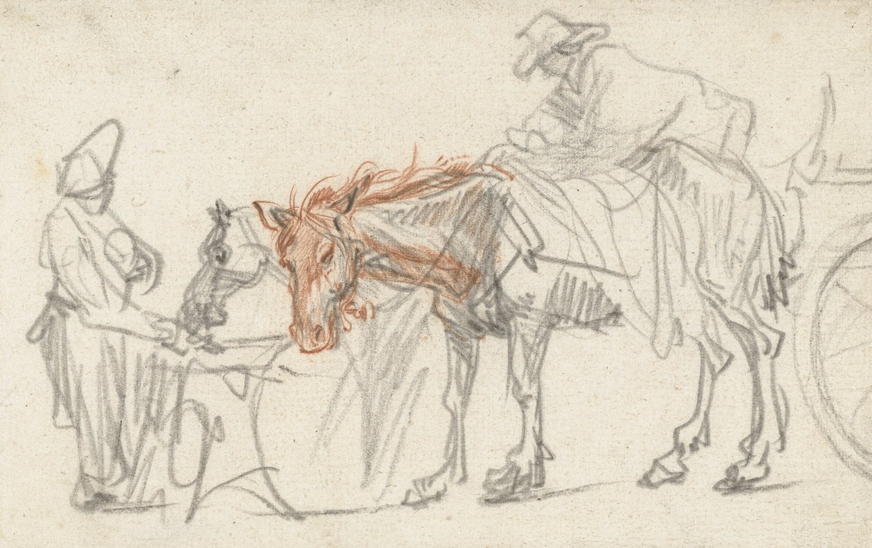 Kaksi hevosta pysähtymispaikalla, n. 1637 tekijältä Rembrandt van Rijn