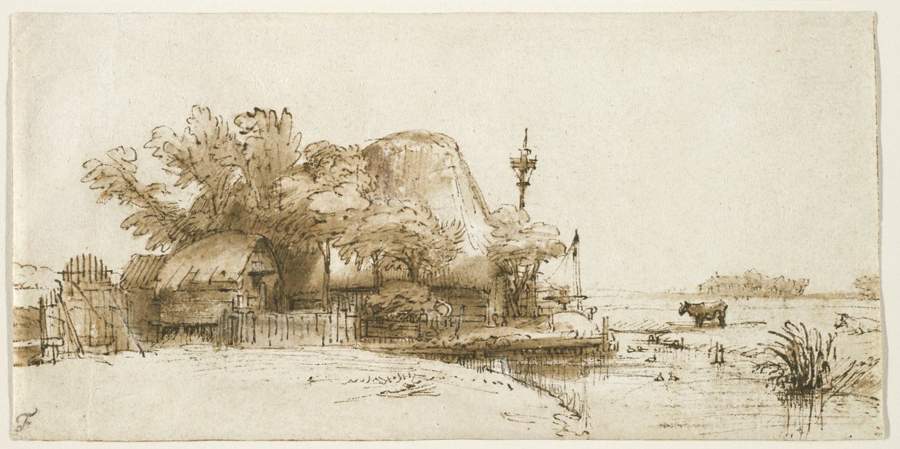 Maatila Amsteldijkissa, n. 1650-1652 (kynä ja muste ja pesu paperille) tekijältä Rembrandt van Rijn