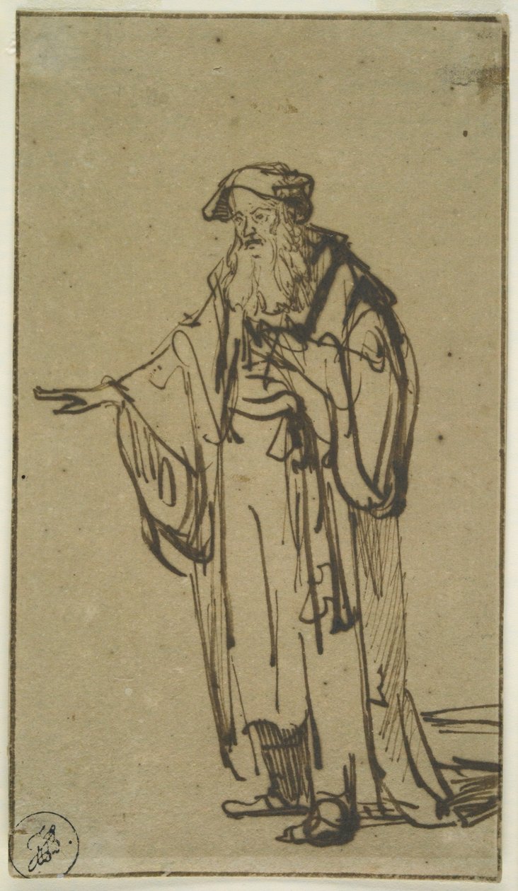 A Standing Old Man, n. 1638 (kynä ja muste pesulla paperille) tekijältä Rembrandt van Rijn