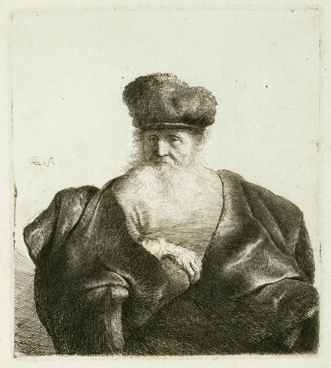 Vanha mies, jolla on parta, turkislakka ja samettiviitta, n. 1632 tekijältä Rembrandt van Rijn
