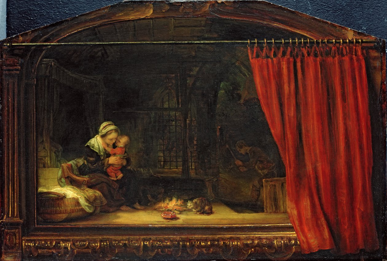 Pyhä perhe esiripun kanssa, 1646 tekijältä Rembrandt van Rijn