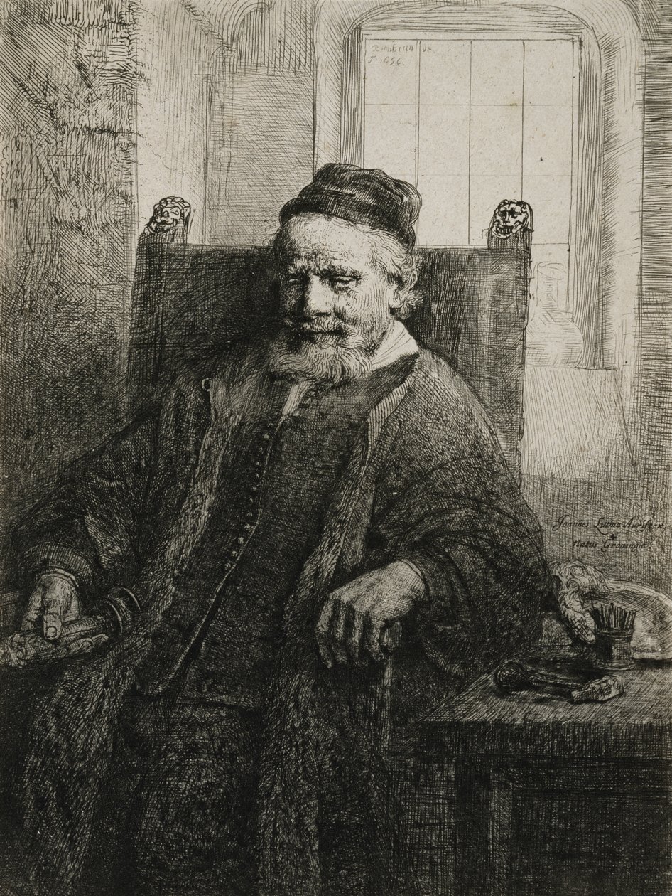 Jan Lutma, vanhin, kultaseppä ja kuvanveistäjä, 1656 (etsaus ja kuivakärki) tekijältä Rembrandt van Rijn