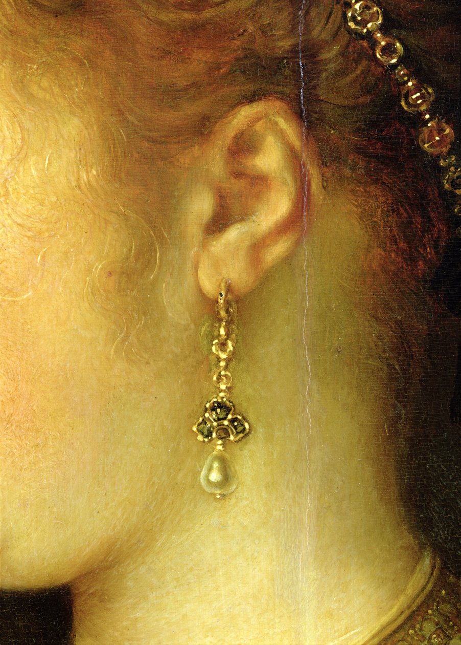 Muotokuva Saskia van Uylenburghista (1612-42) rikkaassa puvussa (yksityiskohta) (katso 244316) tekijältä Rembrandt van Rijn