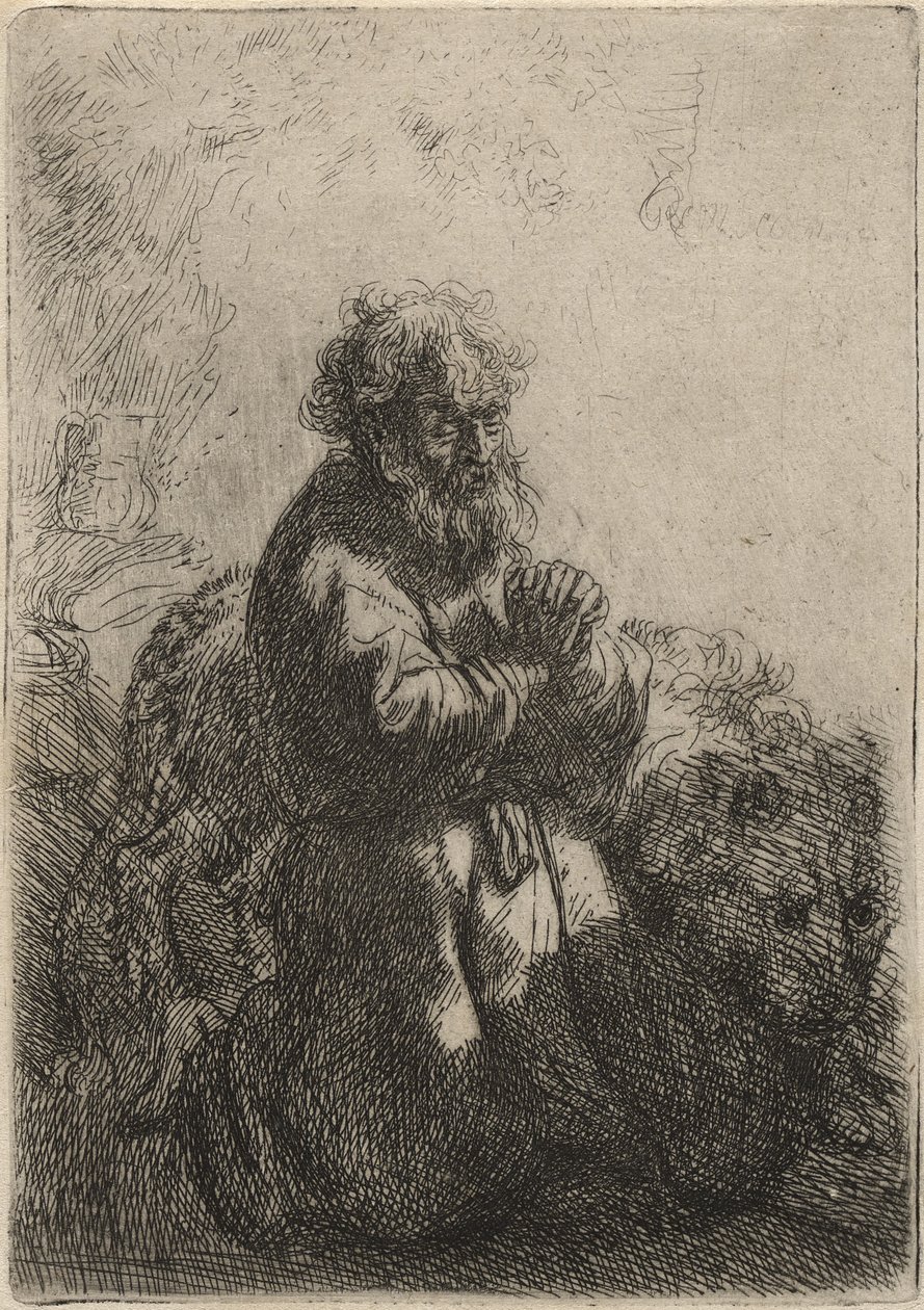 Pyhä Jerome polvistui rukouksessa, katso alas, 1635 (etsaus paperille) tekijältä Rembrandt van Rijn