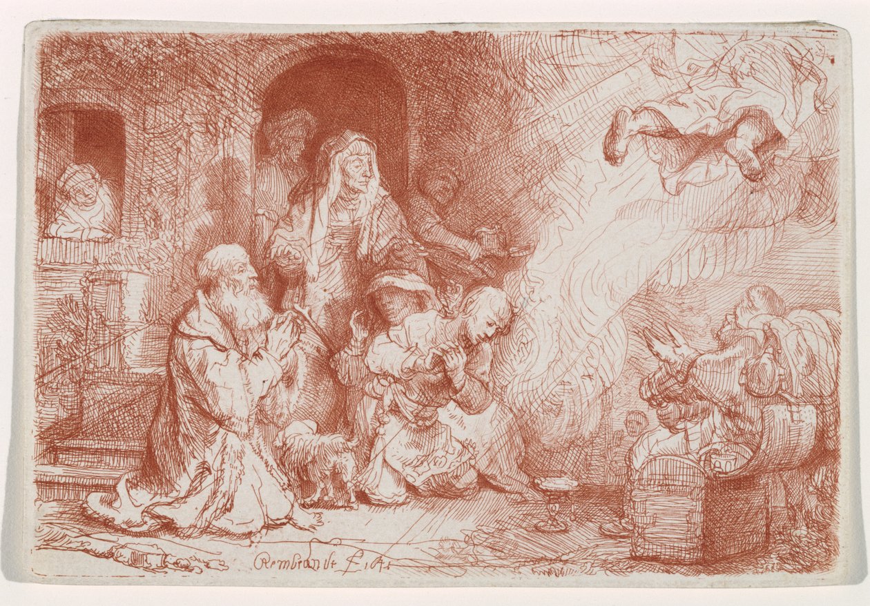 Tobiaksen perheestä lähtevä enkeli, 1641 (etsaus kuivakärkällä, painettu sanguineella) tekijältä Rembrandt van Rijn