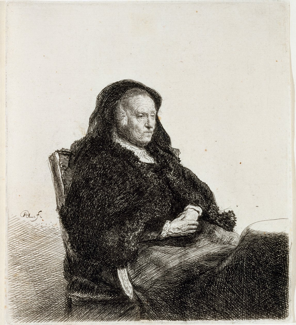 The Artists Mother Seating at Table, n. 1631 (etsaus ja kaiverrus) tekijältä Rembrandt van Rijn