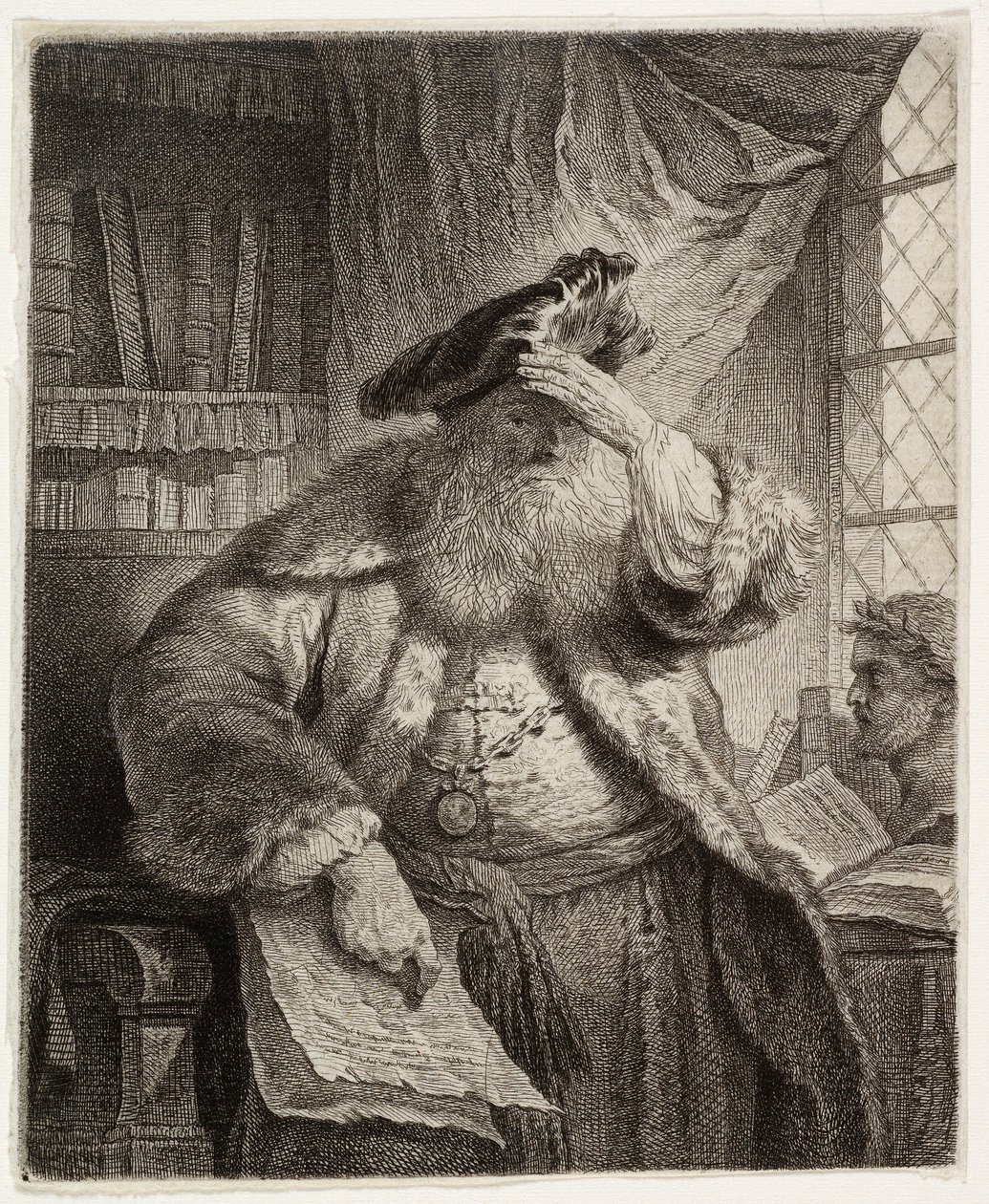 Vanha mies varjostaa silmiään kädellä tekijältä after Rembrandt van Rijn