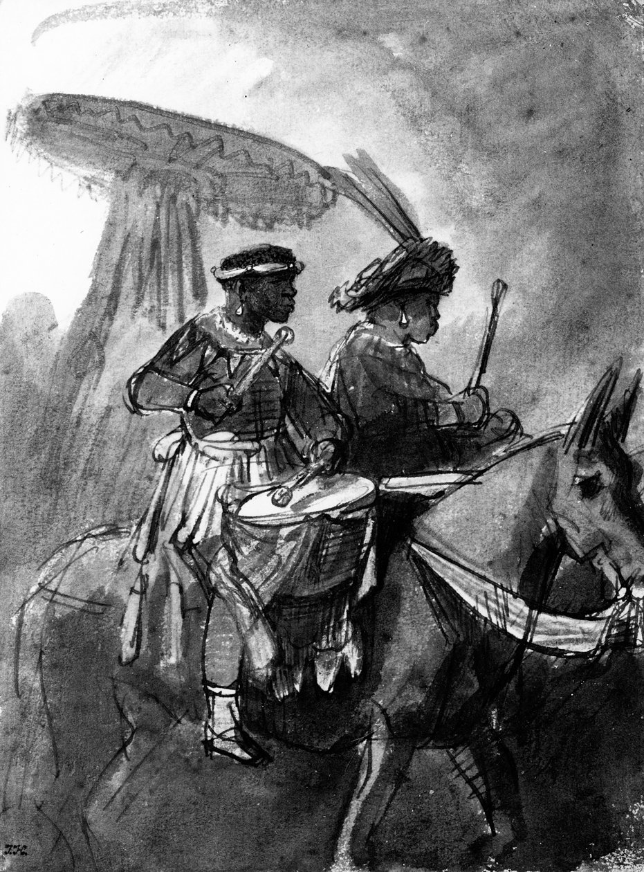Rumpali ja komentaja muuleille asennettuna, n. 1638 (kynä, muste ja pesu paperille) tekijältä Rembrandt van Rijn