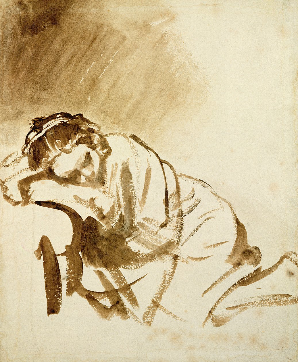 Nuori nainen nukkumassa (Hendrijke Stoffels) n. 1654 (harja ja ruskea pesu paperilla) tekijältä Rembrandt van Rijn