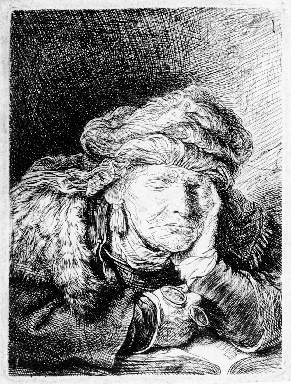 Vanha nainen nukkumassa, kaivertanut Francesco Novelli, n. 1790 tekijältä Rembrandt van Rijn