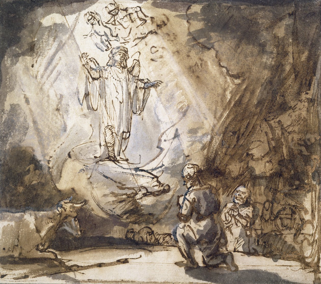 Ilmoitus paimenille (kynä ja muste paperille) tekijältä Rembrandt van Rijn