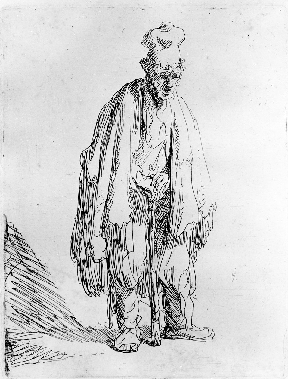 Kerjäläinen korkealakissa, n. 1630 tekijältä Rembrandt van Rijn