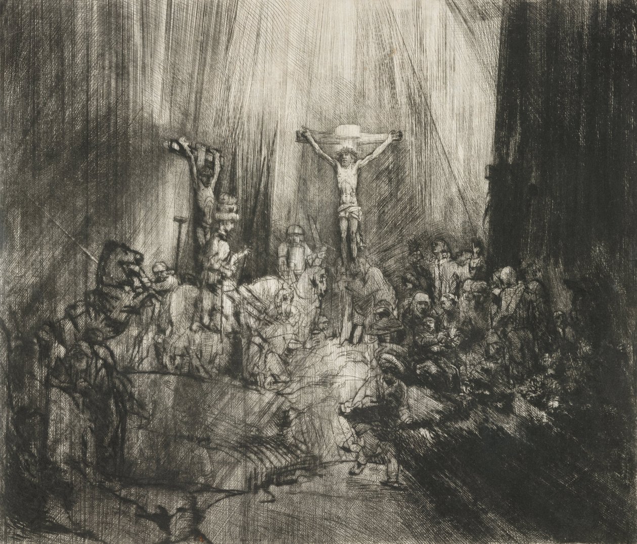 Kristus ristiinnaulittiin kahden varkaan välille (kolme ristiä) tekijältä Rembrandt van Rijn