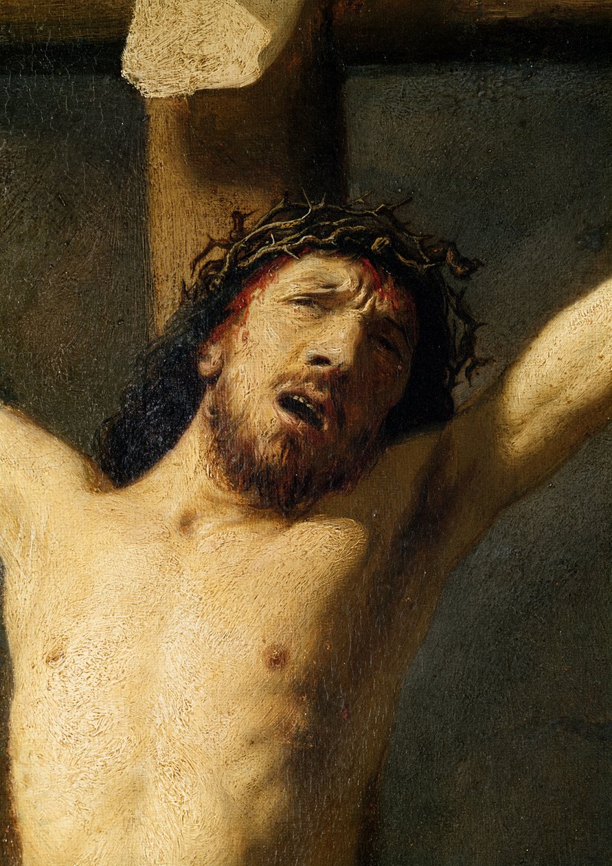 Kristus ristillä, yksityiskohta päästä (yksityiskohta 154029) tekijältä Rembrandt van Rijn