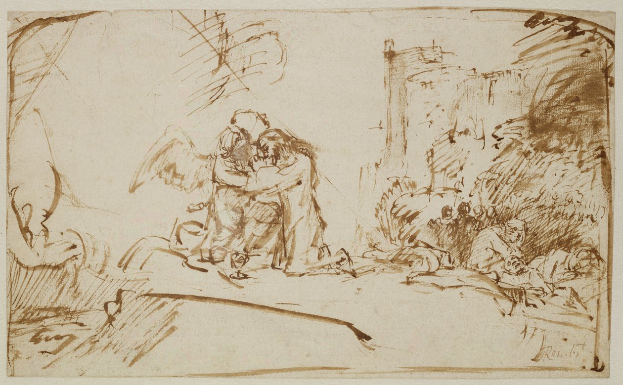 Kristus Öljymäellä (kynä, sivellin ja ruskea muste paperille) tekijältä Rembrandt van Rijn