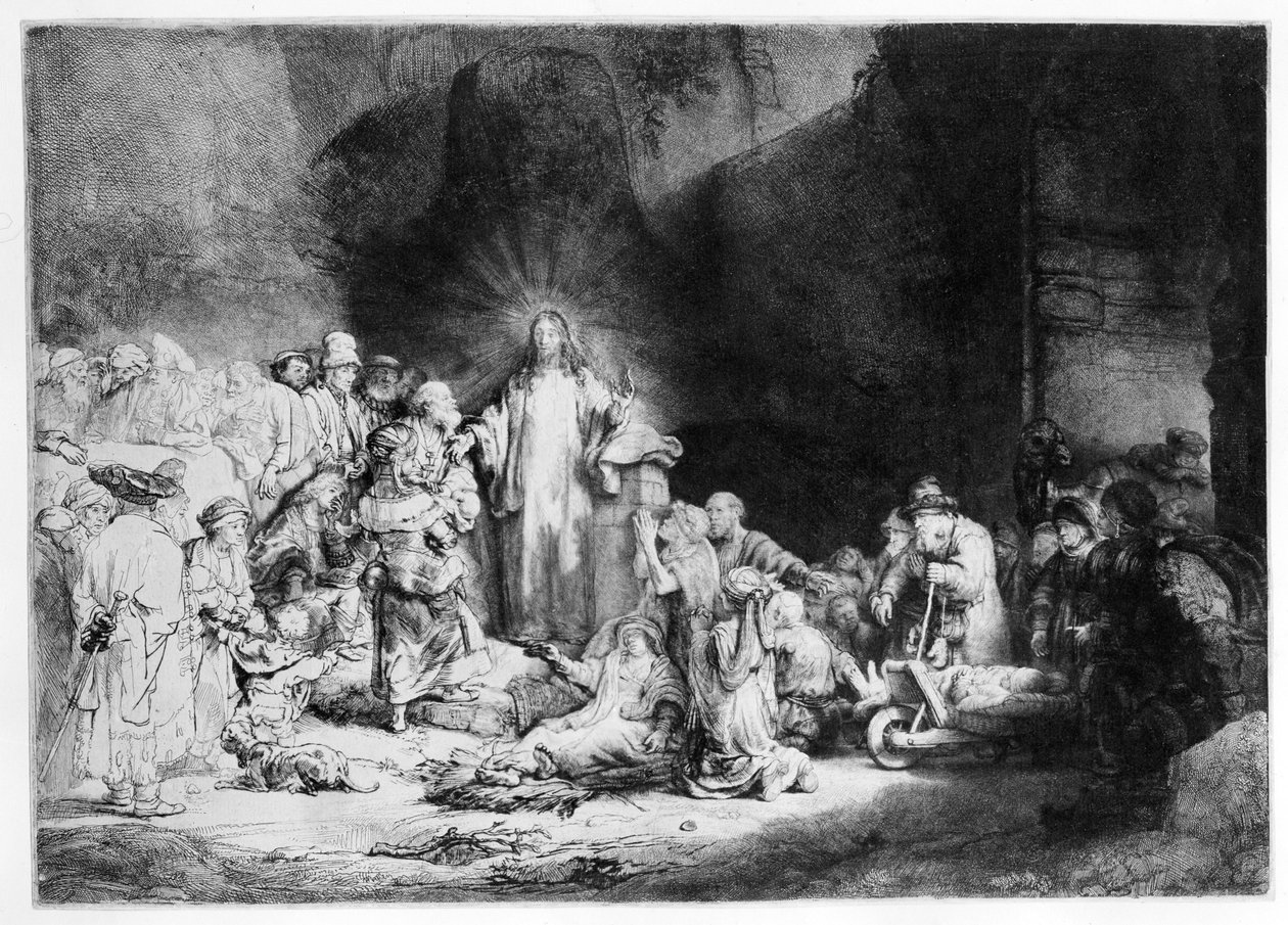 Kristus saarnaa kivisessä maisemassa, n. 1645 tekijältä Rembrandt van Rijn