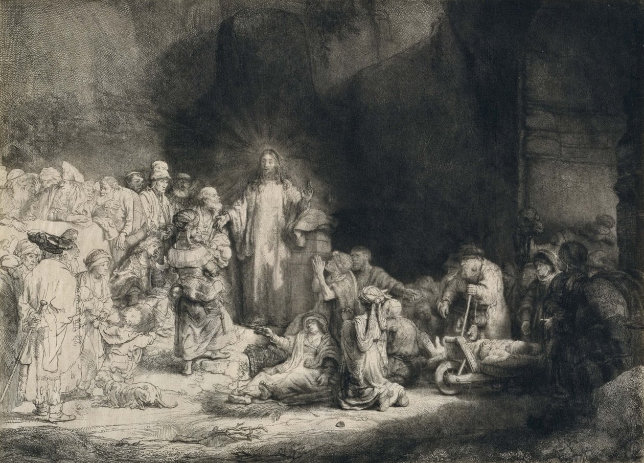 Kristus sairaiden ympäröimänä, pieniä lapsia vastaanottaen (Satakuntalainen painatus). tekijältä Rembrandt van Rijn