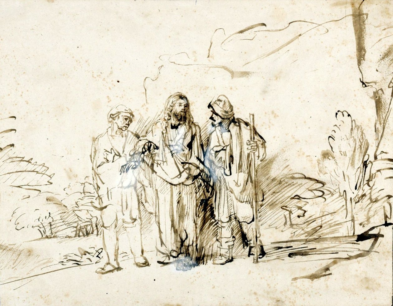Kristus kahden opetuslapsensa kanssa Emmauksen tiellä. tekijältä Rembrandt van Rijn