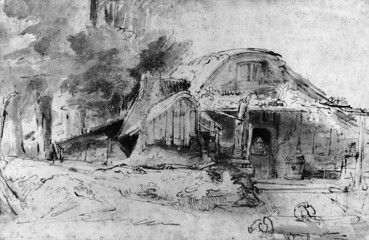 Mökki metsän laidalla (kynä, muste ja ruskea pesu paperille) tekijältä Rembrandt van Rijn