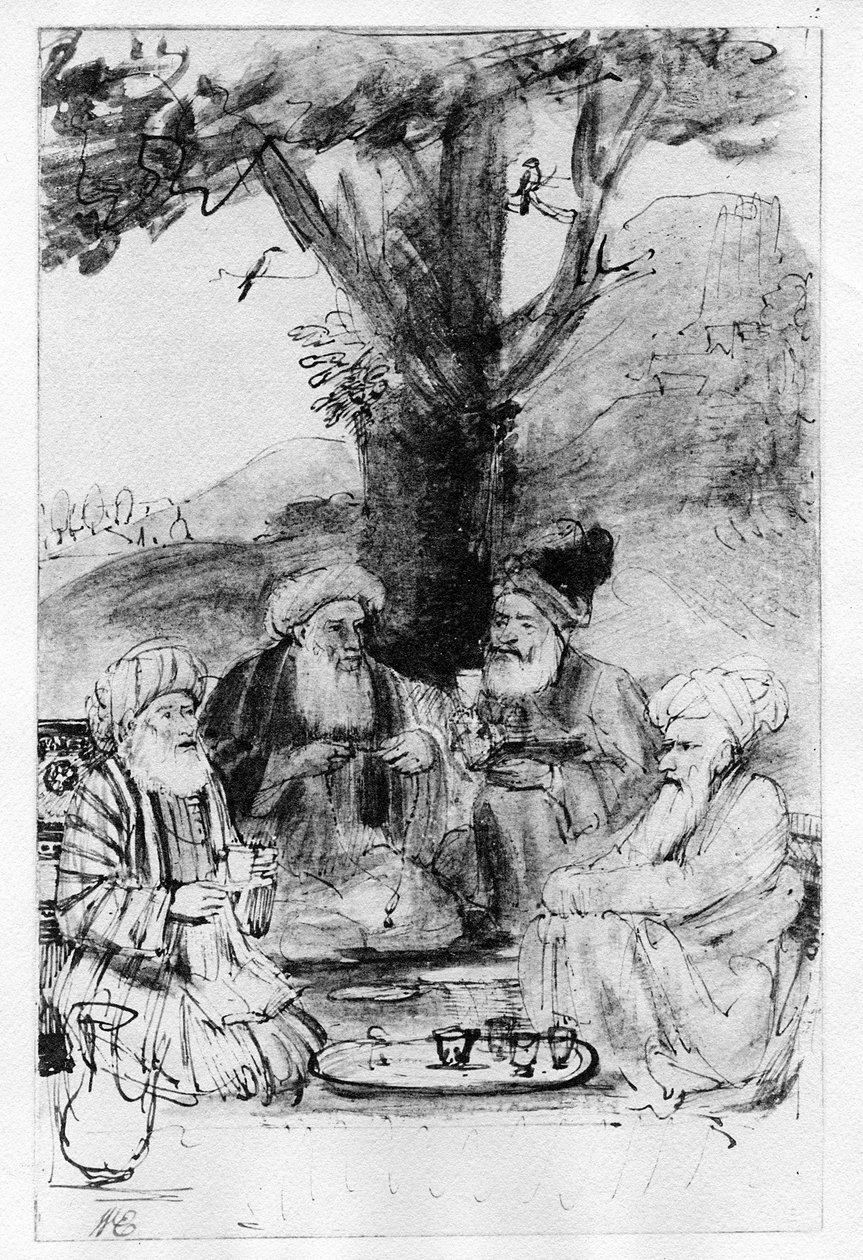 Neljä itämaista istuu puun alla, n. 1659 (kynä, muste ja pesu paperille) tekijältä Rembrandt van Rijn