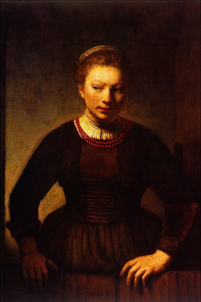 Tyttö avoimessa puoliovessa tekijältä Rembrandt van Rijn