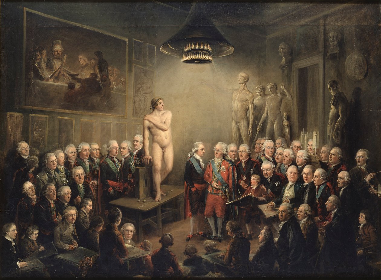 Kustaa III: n vierailu Kuninkaallisessa taideakatemiassa tekijältä Rembrandt van Rijn