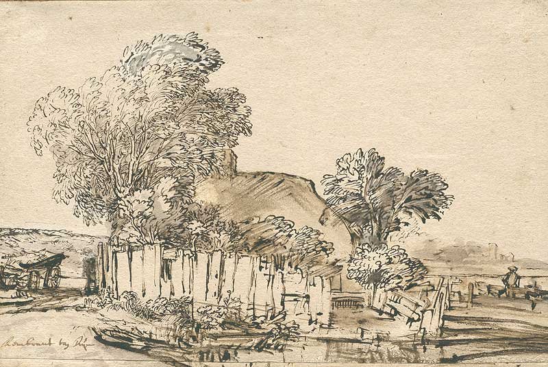 Huisje tapasi houten omheining tussen bomen tekijältä Rembrandt van Rijn