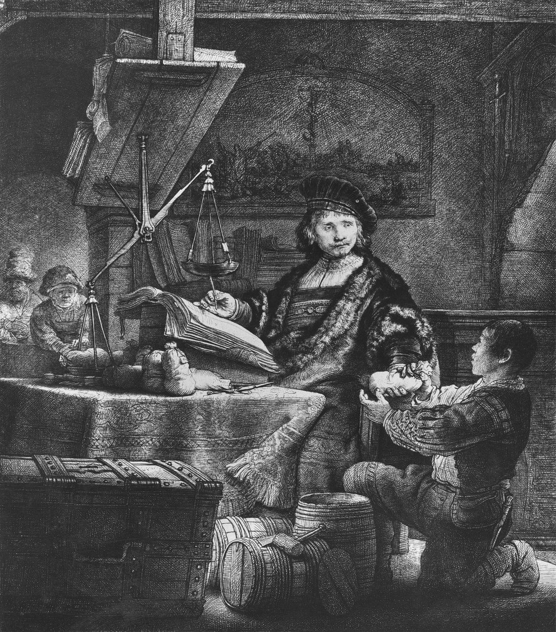 Jan Uytenbogaert "The Goldweigher", 1639 (etsaus ja kuivakärki) tekijältä Rembrandt van Rijn