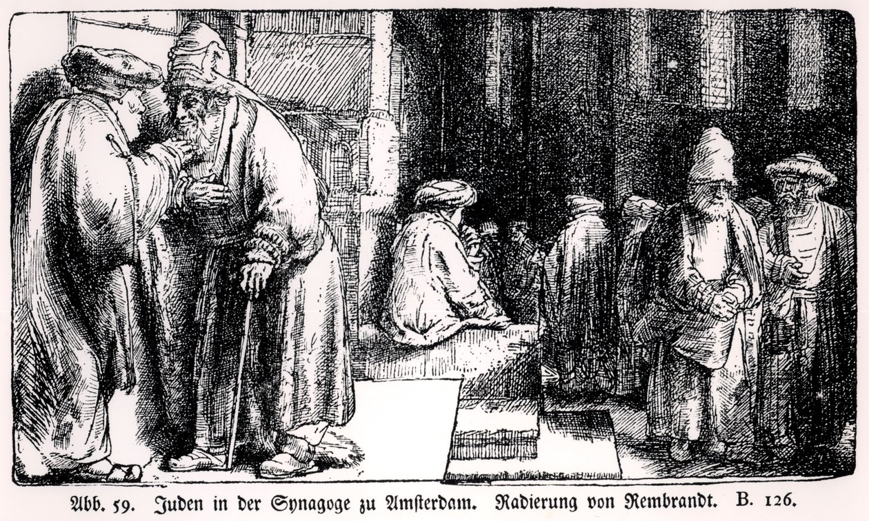 Juutalaiset Amsterdamin synagogassa, taiteilijan kaivertama tekijältä Rembrandt van Rijn