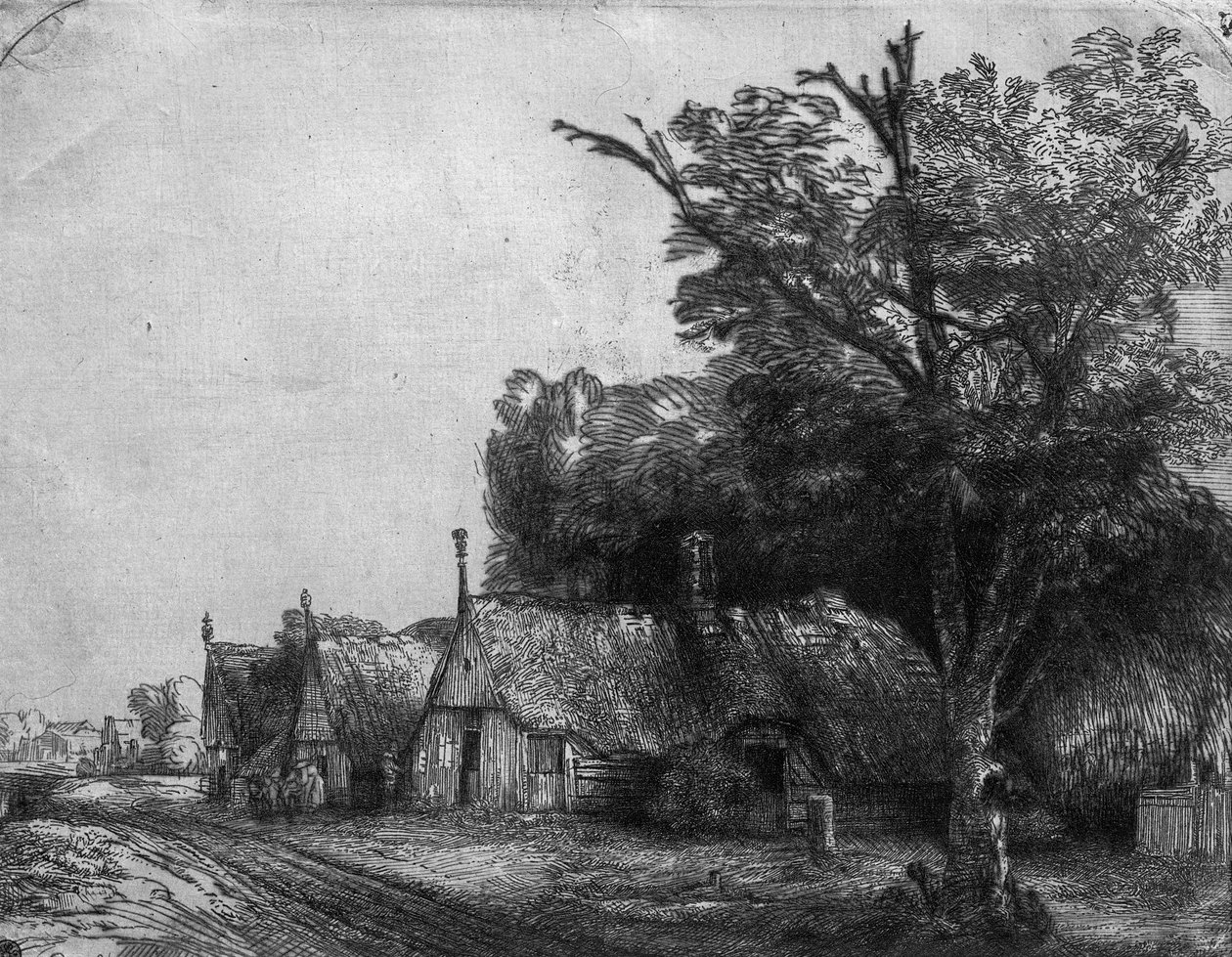 Maisema kolmella mökillä, 1650 tekijältä Rembrandt van Rijn