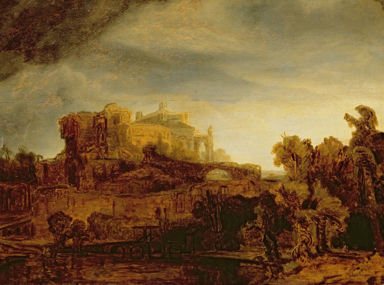 Maisema linnan kanssa tekijältä Rembrandt van Rijn