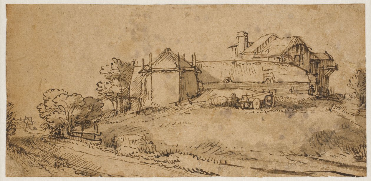 Maisema maalaistalon ja heinälatoineen tekijältä Rembrandt van Rijn