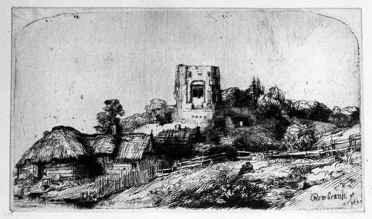 Maisema tornin kanssa, 1650 tekijältä Rembrandt van Rijn