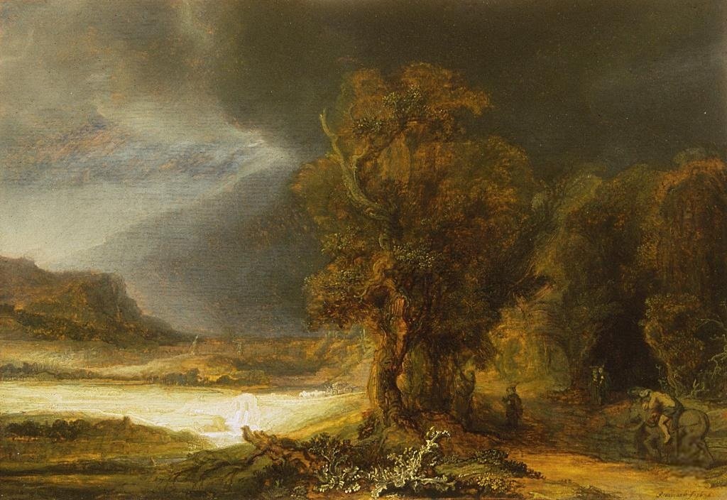 Maisema hyvän samarialaisen kanssa tekijältä Rembrandt van Rijn