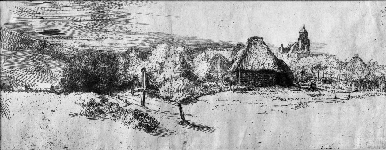 Suuri maisema ja torni, n. 1650 tekijältä Rembrandt van Rijn
