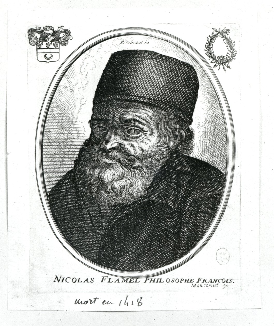 Nicolas Flamel (n. 1330-1418), kaiverrus Balthazar Moncornet (n. 1600-68) tekijältä Rembrandt van Rijn