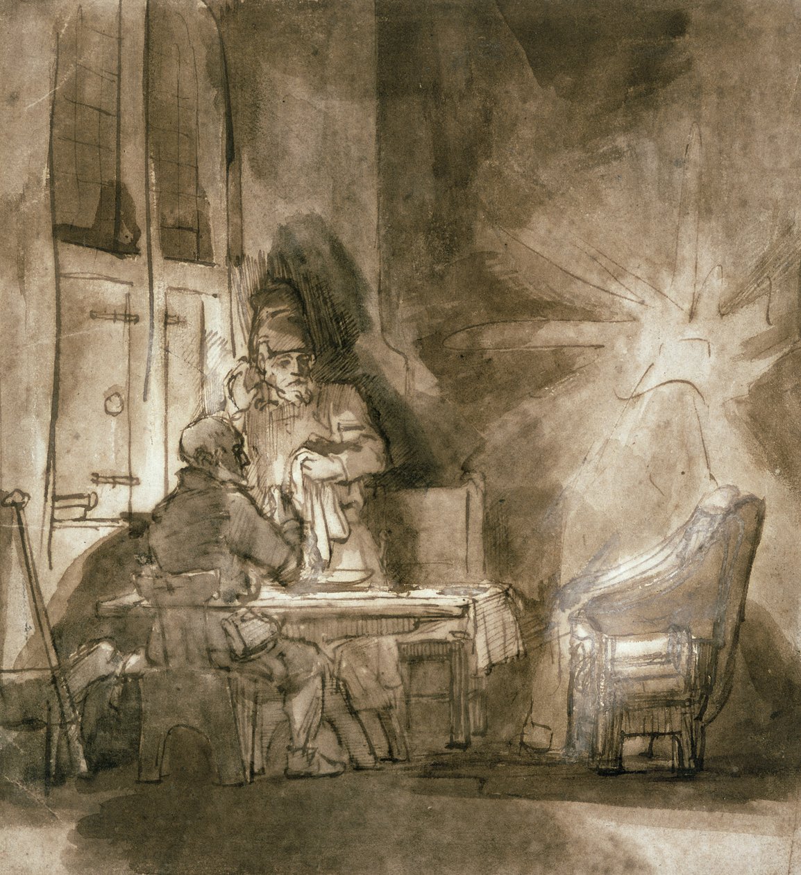 Nro 2139 Illallinen Emmauksessa, n. 1648-1649 (kynä ja muste ja ruskea pesu) tekijältä Rembrandt van Rijn
