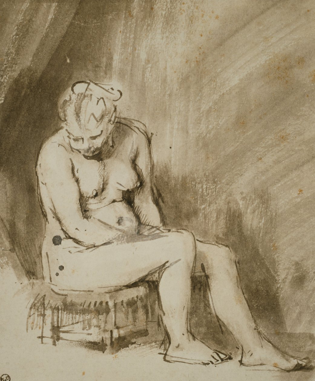 Alaston nainen istuu jakkaralla tekijältä Rembrandt van Rijn