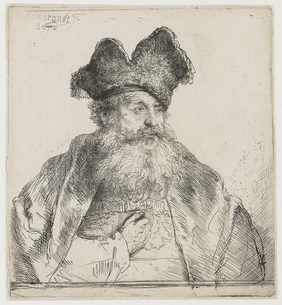 Vanha mies, jolla on jaettu turkislakki tekijältä Rembrandt van Rijn