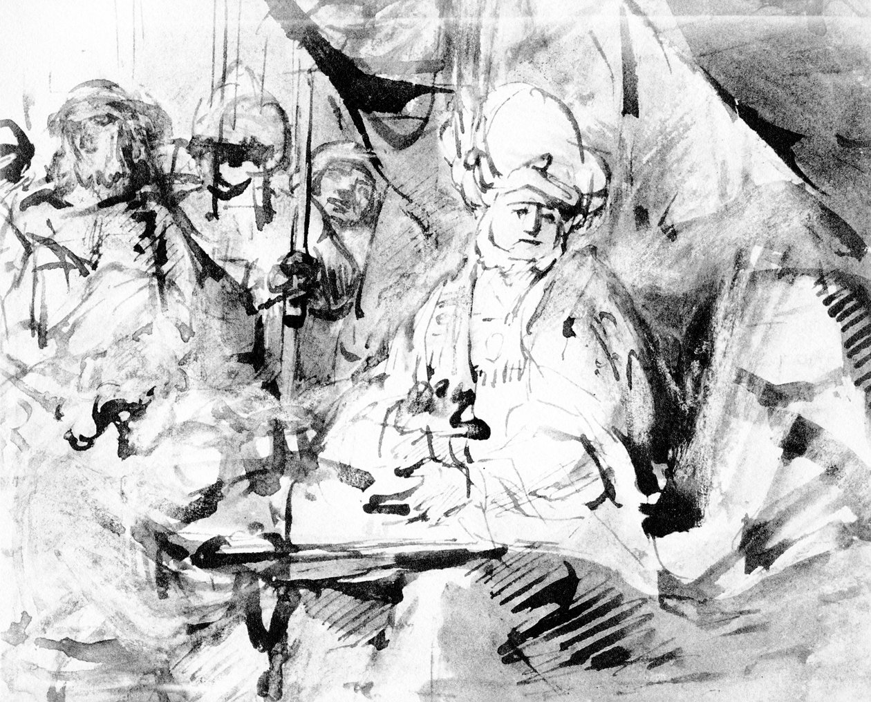 Pilatus pesee kätensä, n. 1665 (kynä, muste ja pesu paperille) tekijältä Rembrandt van Rijn